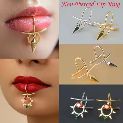 1PC Surgical Steel Lip Rings Neutral Punk Lip-shaped With Sun Round Zircon Pendant Non Pierced lip S