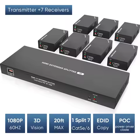 1x7 HDMI Extender Splitter 50M/1080P@60Hz Over Cat 5E/6/7 Ethernet Cable EDID Copy POC Function (1 i
