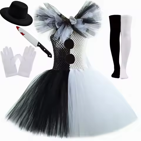 Girls Halloween Clown Costume Dress Kids Black White Scary Clown Dress with Hat Socks Gloves Set Car