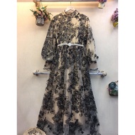 PEARL BROCADE DRESS WITH BELT G0438