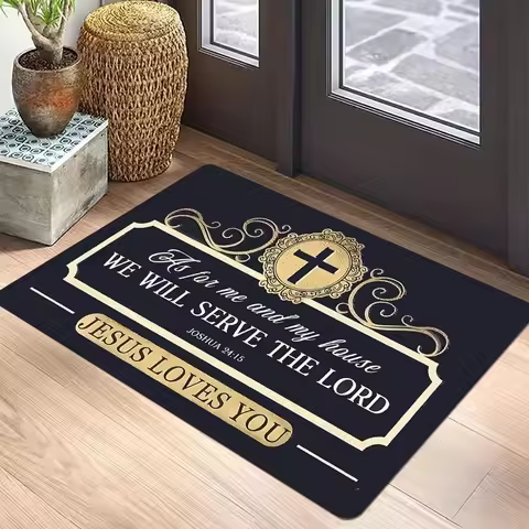 VIKAMA Christian Bible Verse Doormat Golden Cross Vintage Frame Non Slip Absorbent Floor Mat Religio