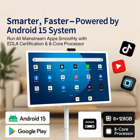 32 Inch Android 15 6G+128G Smart Screen, Floor Stand TV with Remote Controller, 2K Camera Video Call