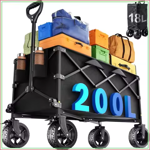 Heavy Duty Collapsible Wagon Cart, 200L Large Capacity Folding Wagon with All-Terrain Wheels, Brake