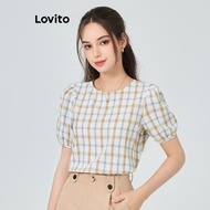 Lovito Elegant Plaid Puff Sleeve Blouse for Women L89MD102 (Multi-color)