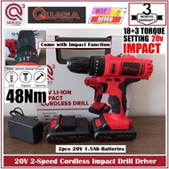 QUASA 20V 2-Speed Cordless Impact Drill 48Nm Q3P-ID20C C/W 2pcs 1.5Ah Batteries & 1pc Charger - 3 Mo
