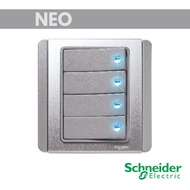 Schneider NEO 10A x 250V 4G Horizontal Dolly Switch with Blue LED, E3034H1_EBGS_G2/E3034H2_EBGS_G2