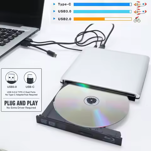 Aluminum Alloy External Bluray Optical Drive BD-ROM USB3.0 Type C DVD Writer 3D Blu-Ray Reader DVD-R