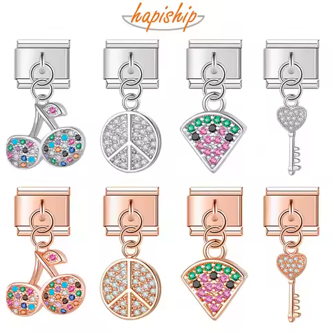 Hapiship 2023 Fashion New Cherry Watermelon Key Dazzling CZ Italian Charm Links Fit 9mm Bracelet DIY
