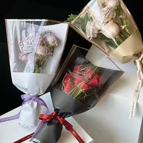 20PCS Hot Stamping Foil Flower Packaging Bag Plastic Waterproof Bouquet Packing Bag Transparent DIY 