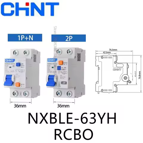 CHINT RCBO 2P NXBLE-63YH 30MA 100MA 300MA 32A 40A 63A 0.03A Residual Current Circuit Breaker Over Le