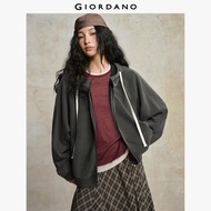 GIORDANO Women Hoodies Vintage Wash Zip Up Hoodies Raglan Sleeve Contrast Drawstring Fashion Casual 