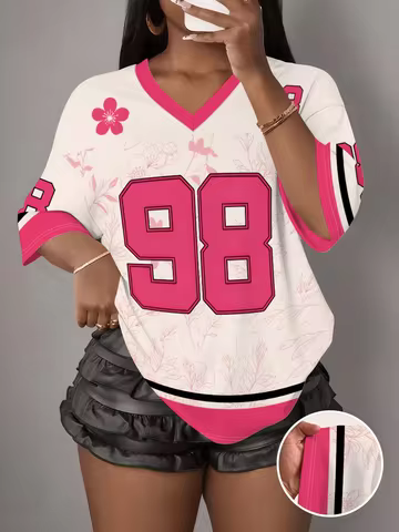 Women's Flower NO.98 Print V-Neck Short Sleeve T-Shirt Summer Graphic Tee Sport Jerseys Plus Size Sp