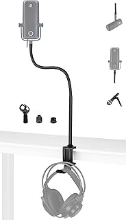 Wave 3 Microphone Arm Stand, 24 Inch Clamp Mount Swivel Holder with Headphone Hook Compatible with E