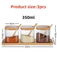 3pcs Set Glass Seasoning Jars with Bamboo Lid Spoon and Storage Tray Salt Sugar Spices Food Storage 