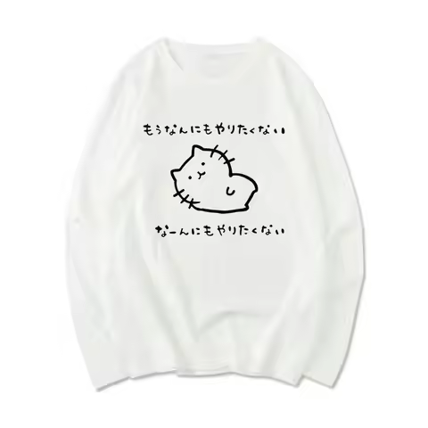 Japanese Women's Long-sleeved Shirt Fun Kaomoji Print Cartoon Cat Couple Wear Men and Women Street L