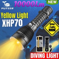 Puteer 10000lm Flashlight Waterproof Diving Scuba Flashlight Yellow Light XHP70 LED 26650 Rechargeab