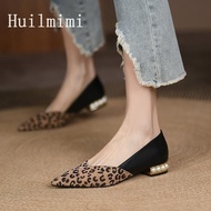 <802>Women's high heels 1 inch heel height Large size 33-42 French pointed toe thick heel pearl flat