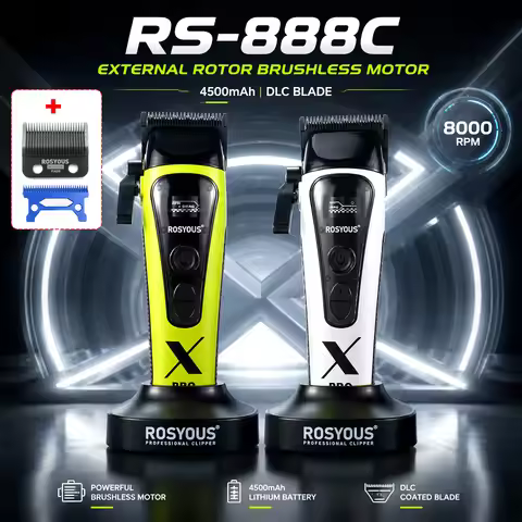 ROSYOUS RS-888C Men's Hair Clipper 8000RPM DLC Blade with Dock External Rotor Brushless Motor Profes