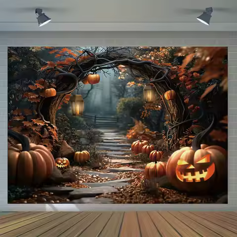 One photo, Halloween photography background, autumn maple forest horror pumpkin pattern, eerie banne