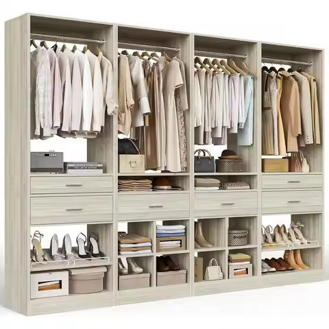 Closet System, 8.3T Closet Organizer with 6 Wooden Ders, Hanging Rods, Adjustable Shoe Rack and Cube