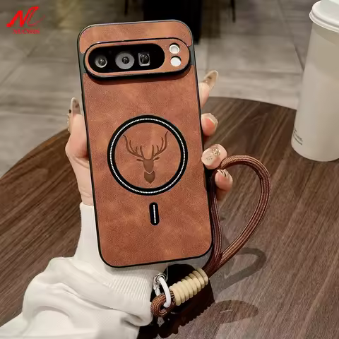 Cartoon Deer Leather Magsafe Case for Google Pixel 9A 9 10 Pro XL 8 7 Wristband Lanyard Wireless Cha