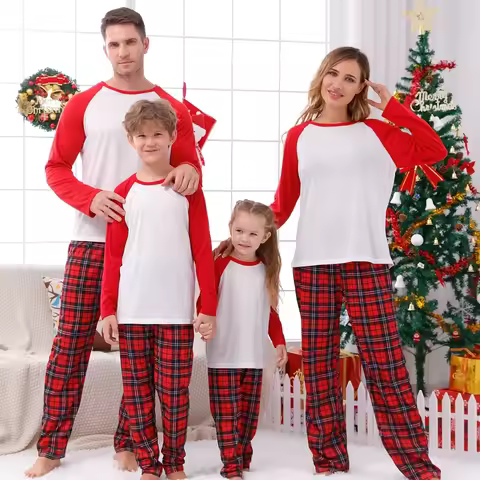 2025 Blank Plaid Print Christmas Pajamas Set for Family Full Sleeve O Neck 2 Pieces Suit Sleepwear A