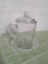 Ginger Tea Mug Gelas Gagang Kaca Polos + Tutup dan Tatakan 1 Pcs / Gelas Kaca Kedaung / Drink Set /