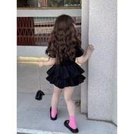 Korean Girls Black Printed Top Baby Girl Pleated Culottes