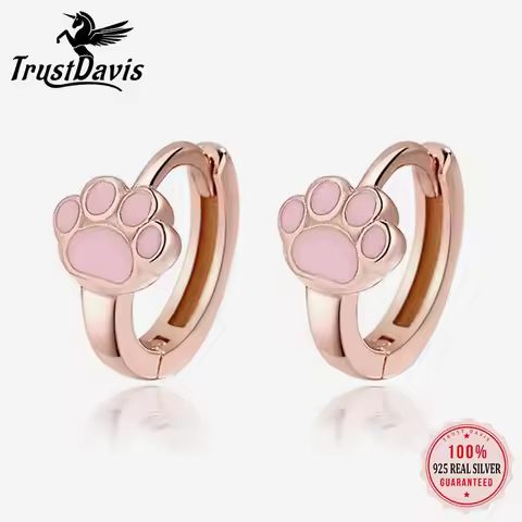 TrustDavis Genuine 925 Sterling Silver Cute Pink Cat Claw Hoop Earrings Women Fashion for Girls Anni