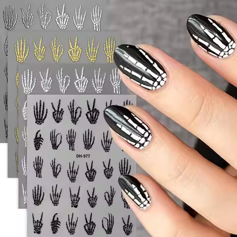 2/4PCS Punk Black White Skeleton Hand Nail Art Sticker Y2K Golden Silvery Skull Hand Shaped Decals H