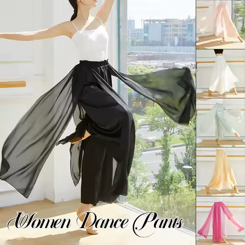 Women Dance Culottes Pant 2 Layers Chiffon Satin Elegant Skirt Body Rhyme Trousers Loose Long Design