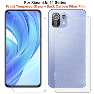 For Xiaomi Mi 11 Lite 5G NE 11i 11X 11T Pro 1 Set = Back Rear Carbon Fiber Film Sticker + Clear Front Clear Tempered Glass Screen Protector Guard
