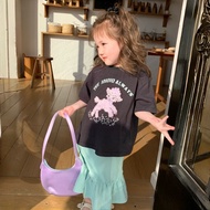 [Ready Stock] Theioioio Kids 100% Cotton Suspender Dress French Retro Letter Ruffle Hem Sundress Gre