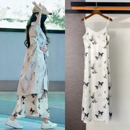 ชุดเดรสยาวแขนกุดสไตล์จีนใหม่ของ Yang Mi พร้อมแจ็คเก็ตคาร์ดิแกนพิมพ์ลายหมึกแบบยาวปานกลาง ชุดเดรสยาวคล