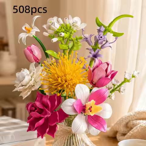 508Pcs Dahlia/Tulip/Hyacinth/Anemone Mixed Building Block Flower Bouquet Set, DIY Eternal Assembly F