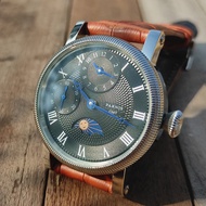 Parnis Classic Manual Mechanical นาฬิกาข้อมือสําหรับผู้ชายของแท้ Moon Phase GMT Dual Time สไตล์เรโทร