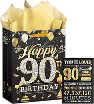 EoBeCy 90th Birthday Gift Bags for Men Women, Black Gold Happy 90th Birthday Gift Wrap Bag with Hand