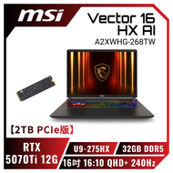 【2TB PCIe版】MSI Vector 16 HX AI A2XWHG-268TW 微星滿血版AI電競筆電/Ultra 9-275HX/RTX5070Ti 12G/32GB DDR5/2TB(1T