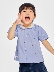 女幼童裝|Logo純棉小熊印花翻領長袖襯衫-藍色