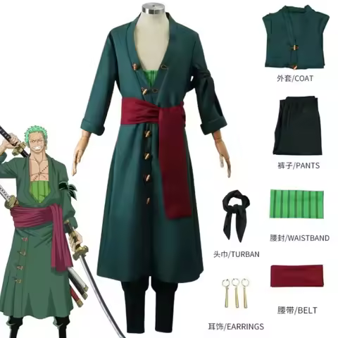 Anime Roronoa Zoro Cosplay Costume Uniform Green Coat Belt Pants Head Scarf Roronoa Zoro Wig Earring