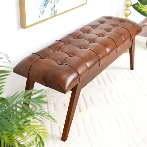 Modern Tan Leather Bench with Solid Wood Frame and Tapered Legs 17.7"H x 47.2"W x 15.7"D for Living 