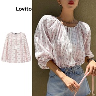 Lovito Boho Blouse Tribal Print Drawstring Fringe Blouse for Women L92MD969