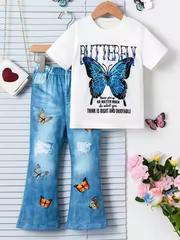 Girls' Butterfly 2-Pc Set | Embroidered T-Shirt & Knit Bell-Bottoms | Blue Floral Playdates | SS 4-7