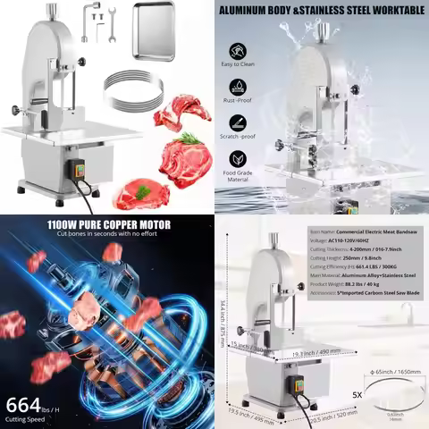 Electric Bone Saw Machine 110V 1500W, High-Speed Cutting, 0.16-7.9 Inch Thickness, 19.3 x 15 Workben