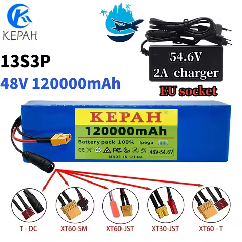New 48V 120000mAh 2000W 13S3P XT60 48V Lithium-ion Battery Pack, Lithium Iron Phosphate Battery 120A