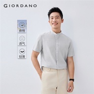 GIORDANO Men Shirts Natural Linen Cotton Mandarin Collar Shirts Gradient Stripe Short Sleeve Fashion