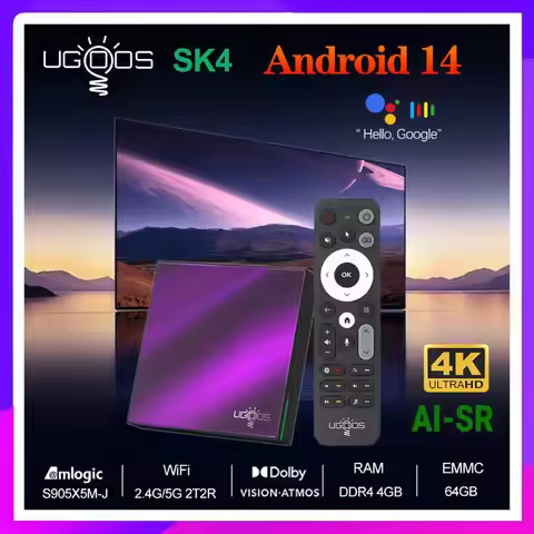 Android 14.0 TV BOX Amlogic S905X5M-J UGOOS SK4 4G64G Support Dolby Vison Audio AI-SR AV1 2T2R WiFi6