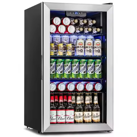 Beverage Refrigerator Cooler - 126 Can Mini Fridge Glass Door for Drinks Soda Beer Wine - Small Refr