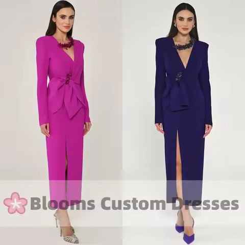 Blooms Long Sleeves Elegant Customized Evening Gown Beaded V-neck Ruched Straight Formal Occasion Dr