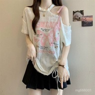 Korean Style Sweet Preppy Top Women Summer Plus Size Fat mm Butterfly Letter Print Off-The-Shoulder 
